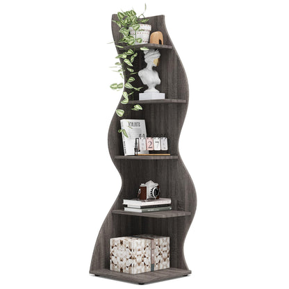 Tribesigns Corner Shelf, Modern 5-Tier Wall Corner Bookshelf, Stylish Corner Small Bookcase Storage Rack Plant Stand with Unique Shape for Living Room, Home Office (Sage Green, 1PC)