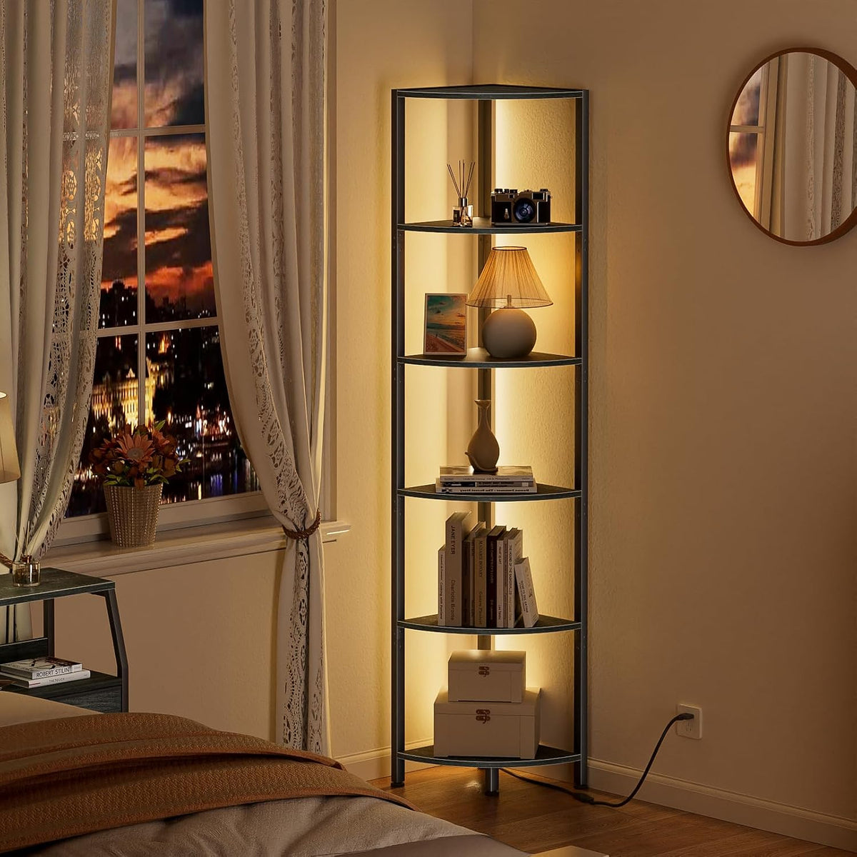Furnulem 6 Tier Corner Shelf with LED Light, 67.5" Black Narrow Bookshelf