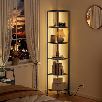 Furnulem 6 Tier Corner Shelf with LED Light, 67.5" Black Narrow Bookshelf