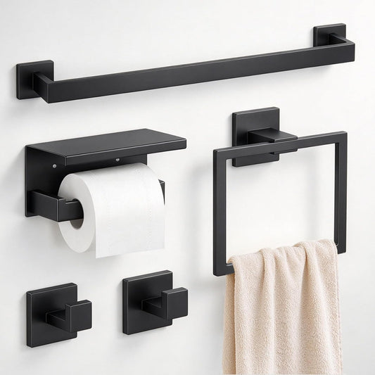 5-Piece Bathroom Hardware Set, 23.6 Inch Towel Bar Set SUS304 Stainless Steel Towel Racks for Bathroom Round Towel Bar, Towel Ring, Toilet Paper Holder, 2 Robe Hooks, Wall Mounted (Black)
