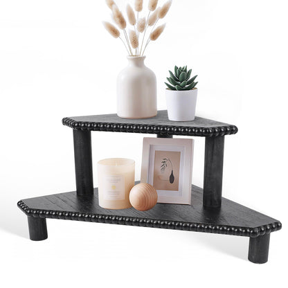 2-Tier Rustic Corner Shelf for Kitchen Counter,Wood Beaded Farmhouse Countertop Organizer with Removable Feet, Stackable Bathroom Vanity & Coffee Bar Decorative Riser Stand(Rustic White)