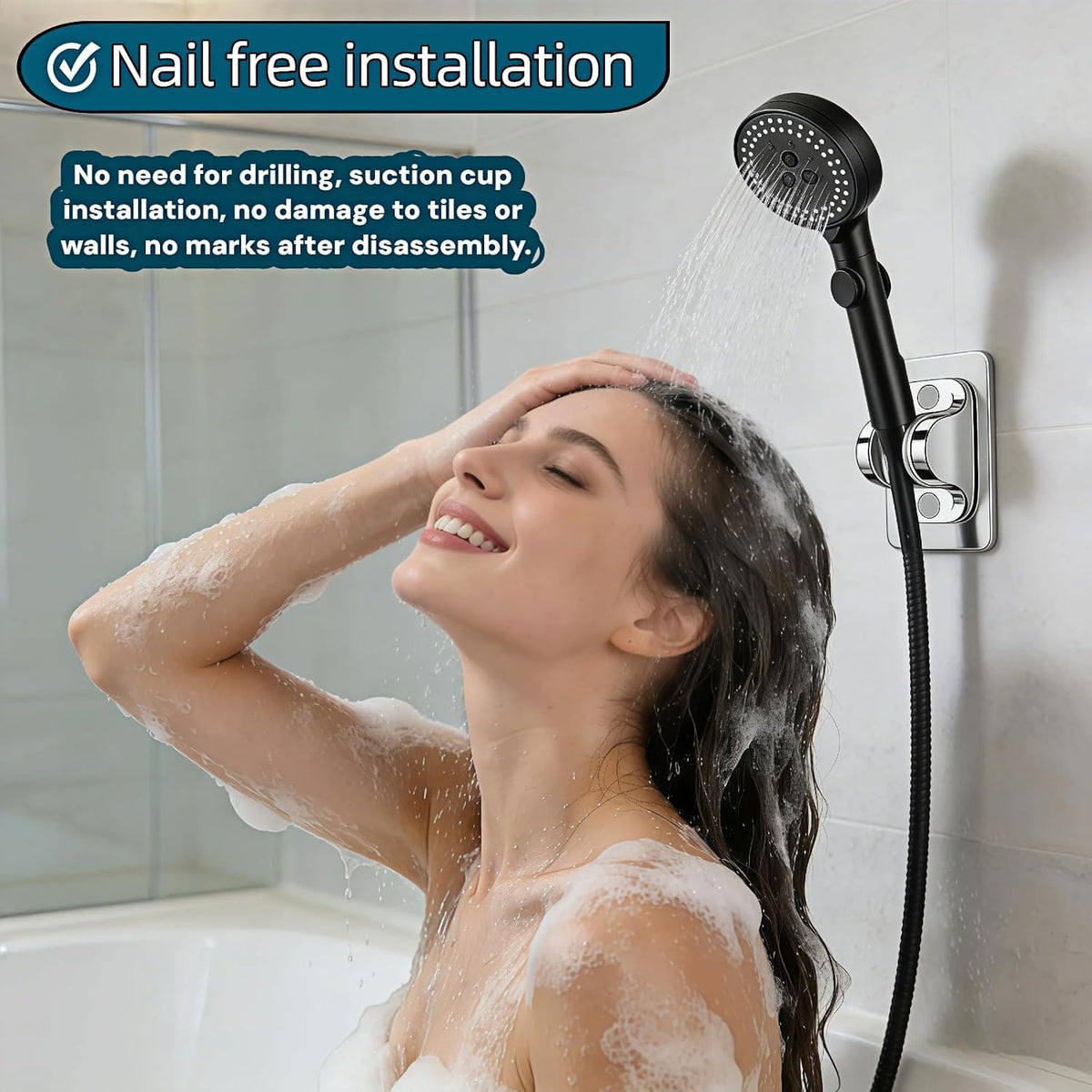 Shower Head Bracket wall Mounted - Heavy-Duty drillless Adjustable Handheld Shower Bracket | Strong Adhesive Installation Suitable for bathrooms, RVs, and Public Showers | Anti Rust ABS, Fix Firmly