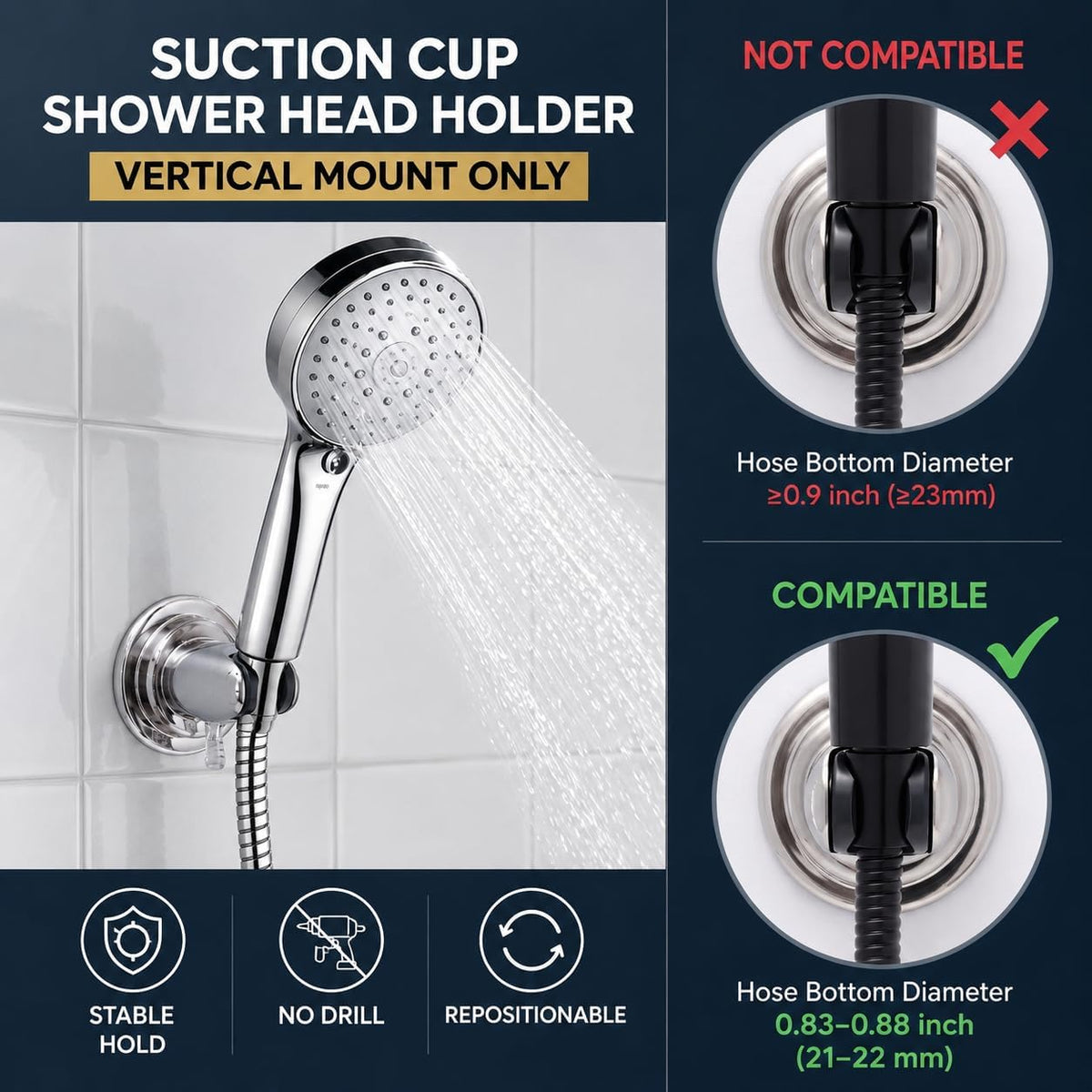 HOME&I Suction Cup Shower Head Holder for Handheld Shower–Includes 3M Adhesive Disc, No Drill, 3-Inch Vacuum Suction, Removable & Repositionable Vertical Wall Mount,Waterproof ABS,Universal 22mm Slot
