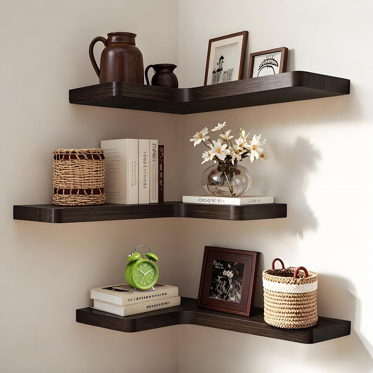 Floating Corner Shelves Set of 3, Solid Wood Picture Wall Shelf, Floating Shelves for Storage for Bedroom Kitchen Bathroom Living Room (Light Burnt)