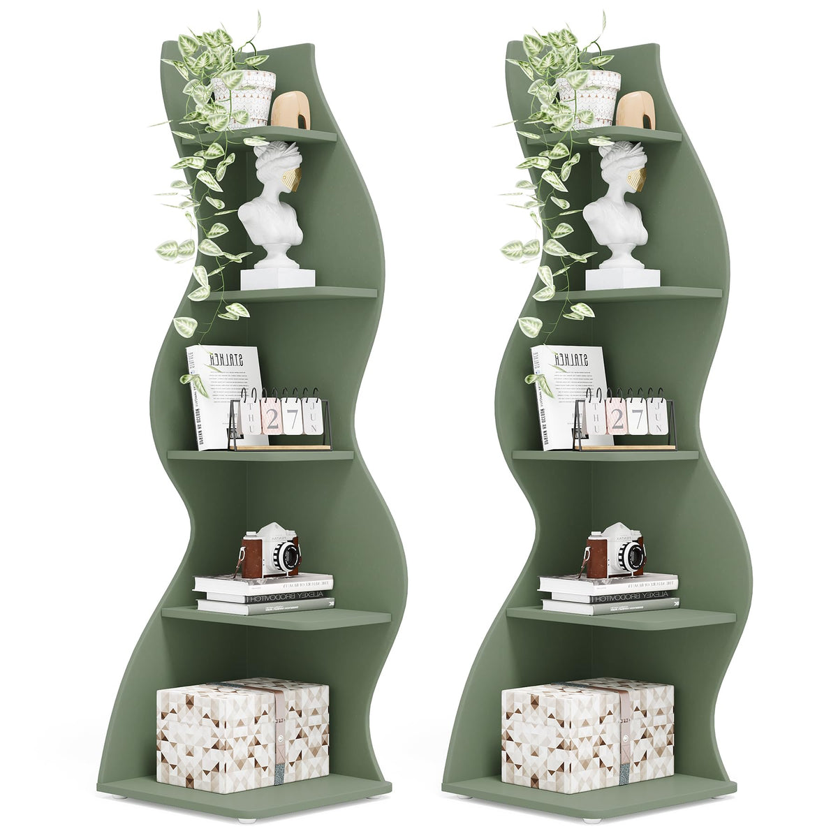 Tribesigns Corner Shelf, Modern 5-Tier Wall Corner Bookshelf, Stylish Corner Small Bookcase Storage Rack Plant Stand with Unique Shape for Living Room, Home Office (Sage Green, 1PC)