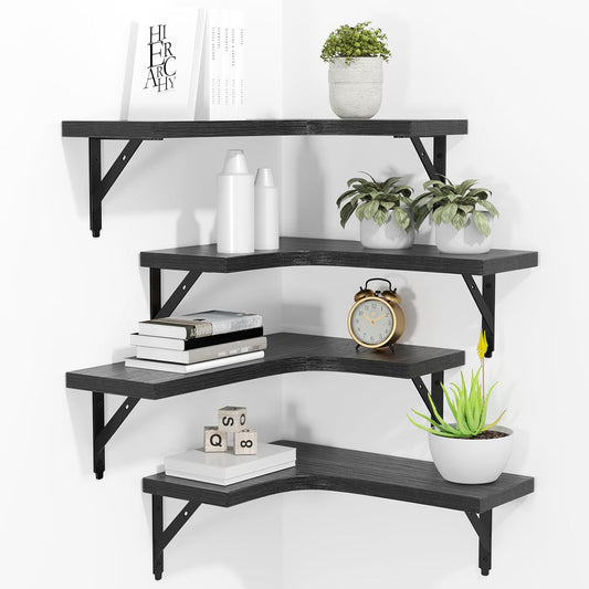 ROMGUAR CRAFT Corner Floating Shelves Wall Mounted Set of 4, Black