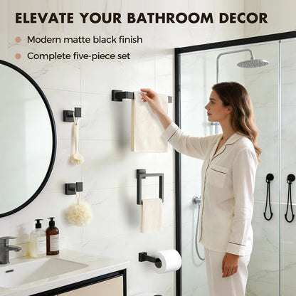 5-Pieces Matte Black Bathroom Accessories Set, 16 Inch Bath Towel Bar Set
