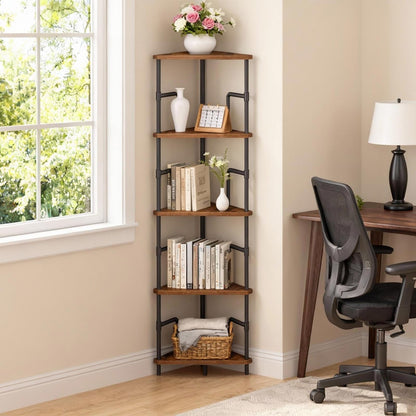 MAHANCRIS 6-Tier Corner Shelf, 65" Tall Corner Bookshelf with Metal Frame, Narrow Display Shelf Stand, Industrial Corner Bookcase for Living Room, Bedroom, Home Office, Rustic Brown CSHR6601