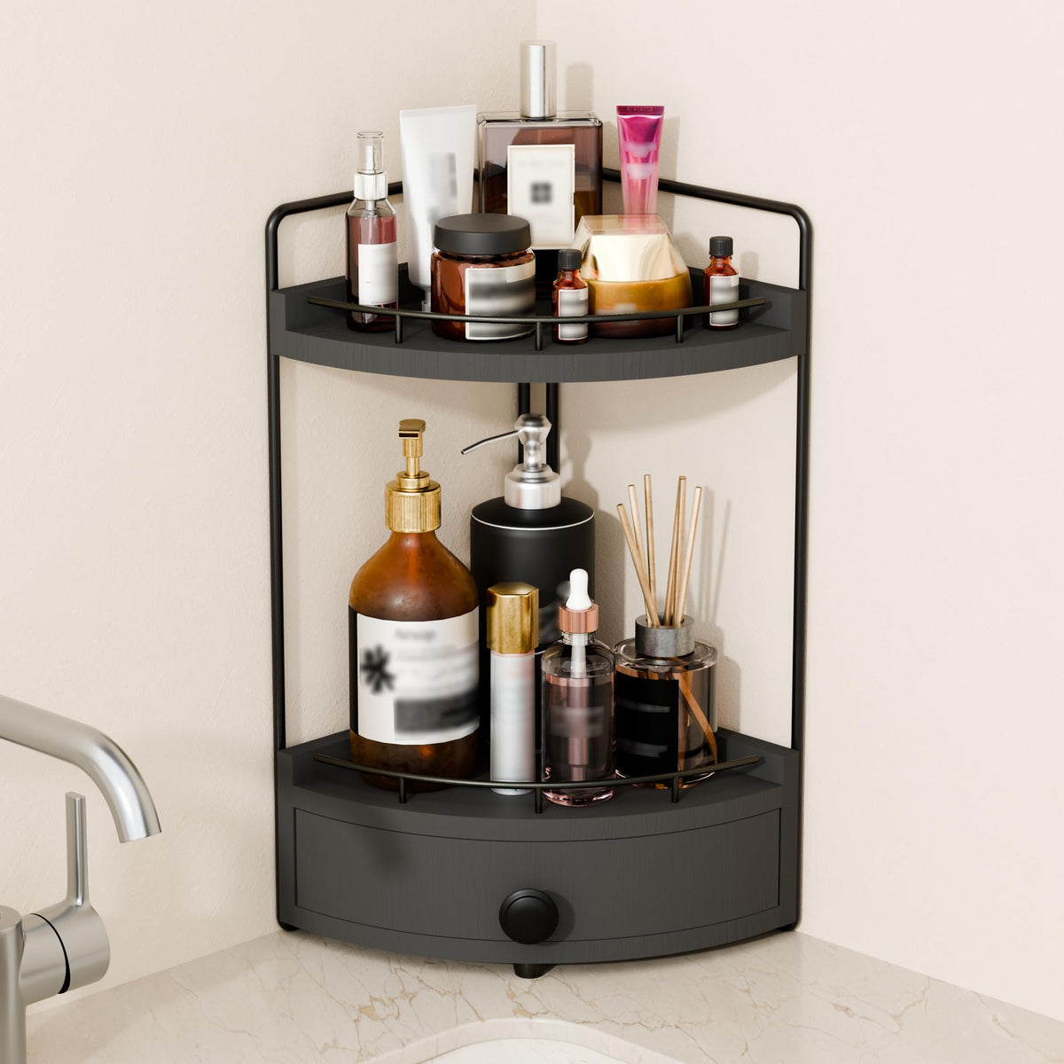 2-Tier Corner Bathroom Counter Organizer with Drawer, Dark Brown