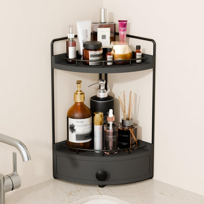 2-Tier Corner Bathroom Counter Organizer with Drawer, Dark Brown
