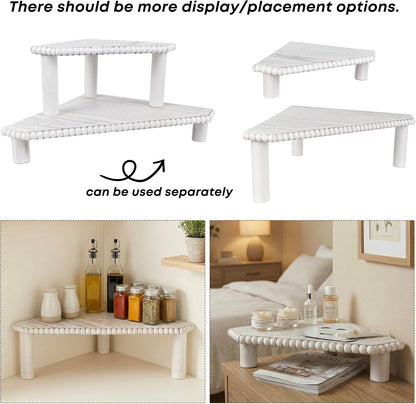 2-Tier Rustic Corner Shelf for Kitchen Counter,Wood Beaded Farmhouse Countertop Organizer with Removable Feet, Stackable Bathroom Vanity & Coffee Bar Decorative Riser Stand(Rustic White)
