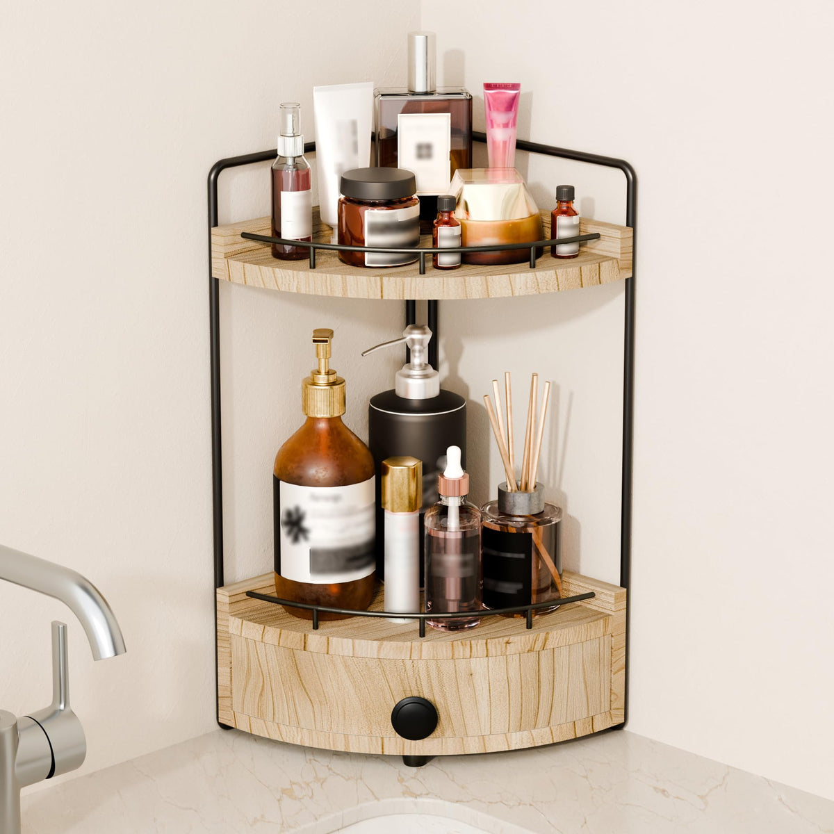 2-Tier Corner Bathroom Counter Organizer with Drawer, Dark Brown