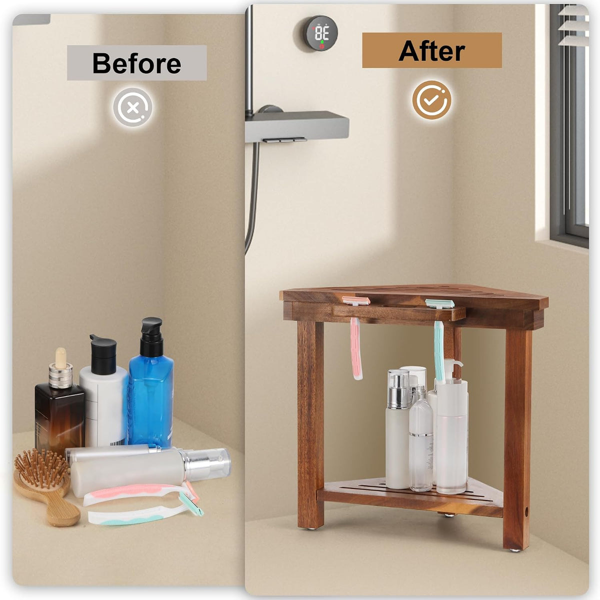 Shower Foot Rest for Shaving Legs, Corner Shower Bench with Razor Holder