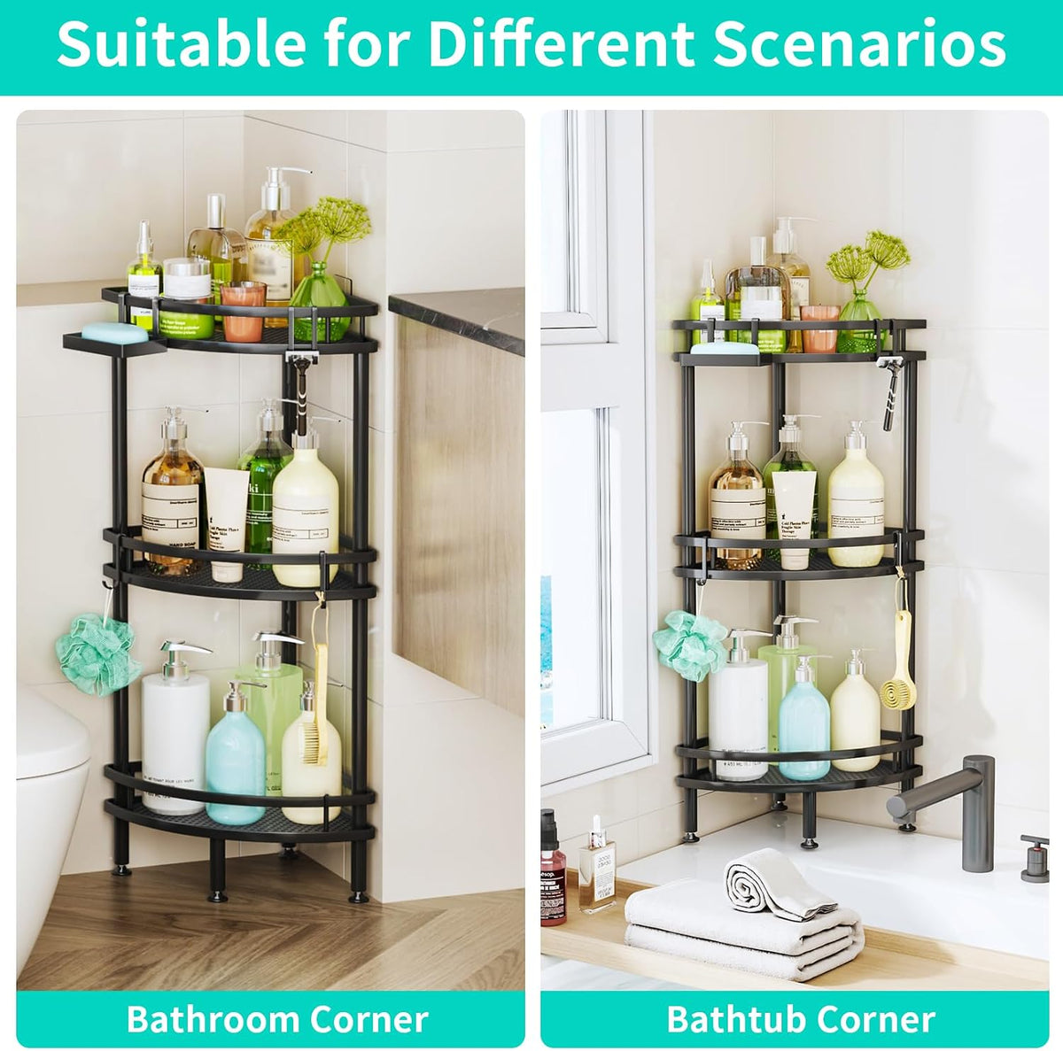 HapiRm Standing Corner Shower Caddy - 3 Tier Shower Organizer Corner with Soap Holder and 4 Hooks, Rustproof Bathroom Storage Shelves with Adhesives, Black