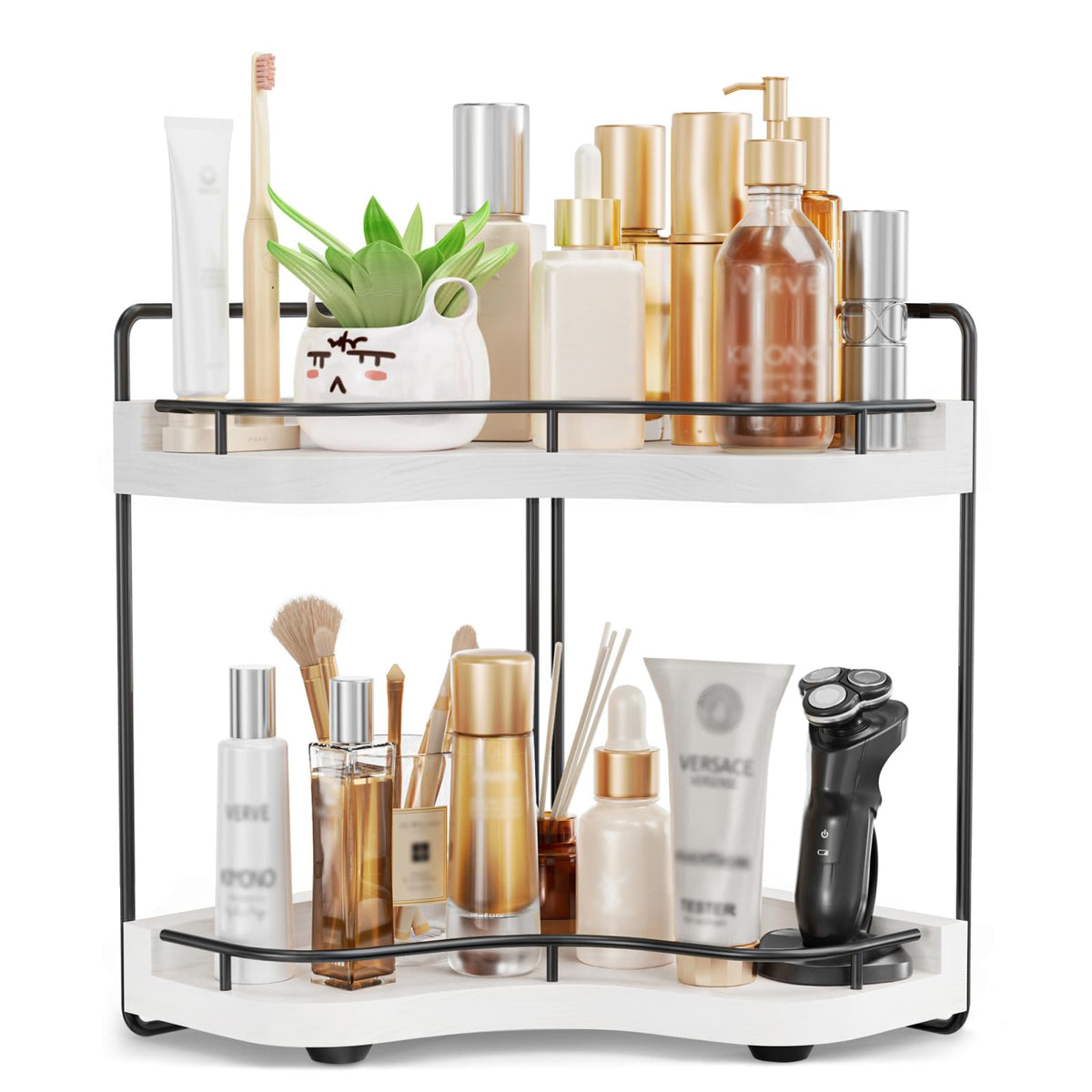 2-Tier Corner Bathroom Counter Organizer, Larger, Light Walnut