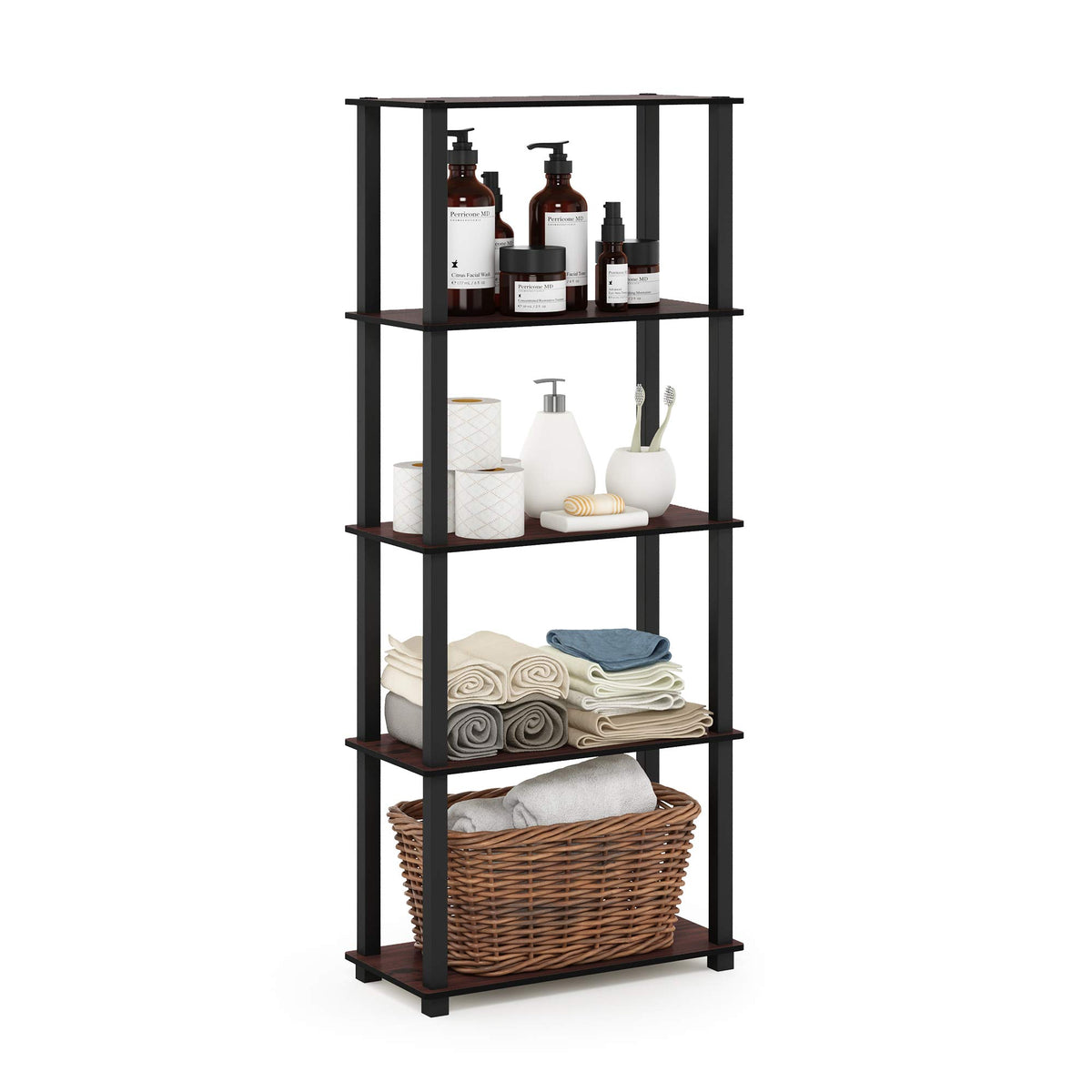 Furinno TURN-N-TUBE Corner Shelf, 5-Tier Corner Bookshelf, Open Storage Shelves, for Organization and Storage, Living Room, Home Office, Garage, Bedroom, Espresso