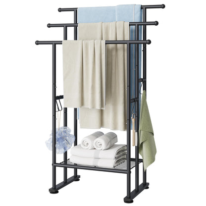 ELYKEN 3 Tier Freestanding Towel Rack with Shelf, 40" H Towel Stand, Silver