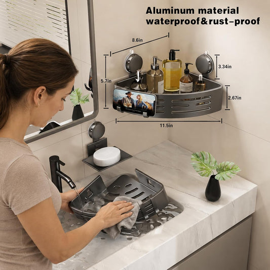 VOLPONE Corner Shower Caddy Suction Cup Shower Shelf Corner No Drilling Bathroom Shower Organizer Storage Rack Adhesive with Towel Bar Hooks (2-Pack,Gray)