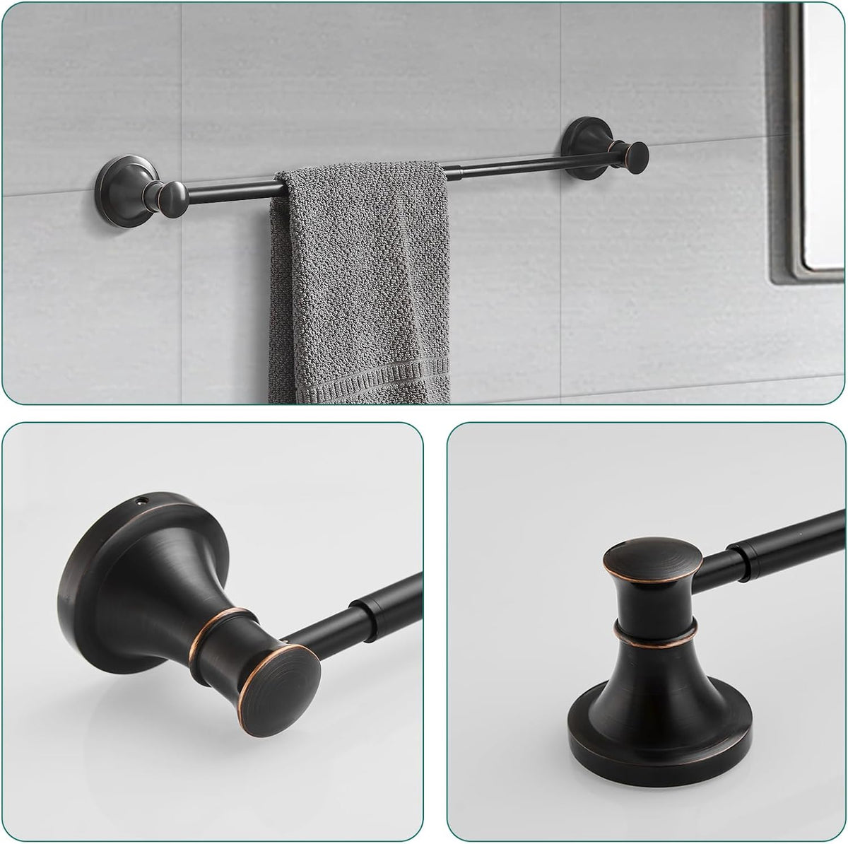 Hoimpro Oil Rubbed Bronze Bathroom Accessory Set, 4-Piece Wall Mount Hardware with Adjustable Towel Bar Rack, Towel Ring, Paper Towel Holder, Double Towel Hooks