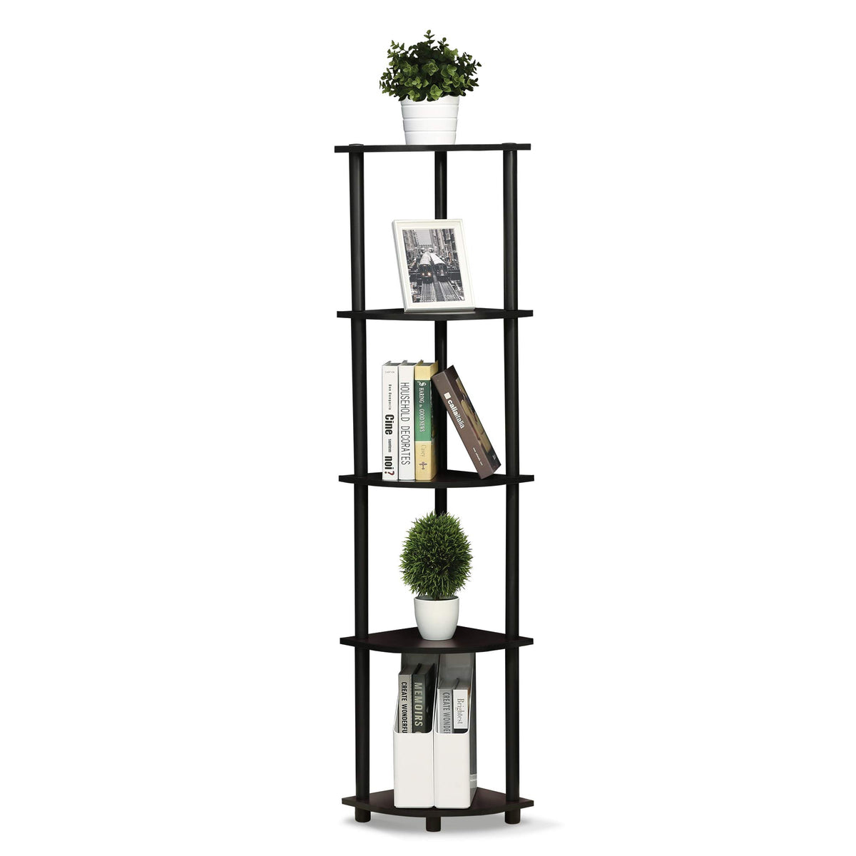 Furinno TURN-N-TUBE Corner Shelf, 5-Tier Corner Bookshelf, Open Storage Shelves, for Organization and Storage, Living Room, Home Office, Garage, Bedroom, Espresso