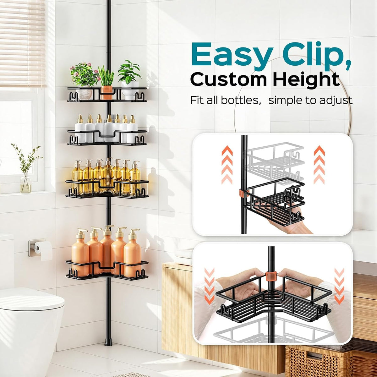 HAMITOR Shower Caddy Tension Pole: 4-Tier Adjustable Corner Shelf Black