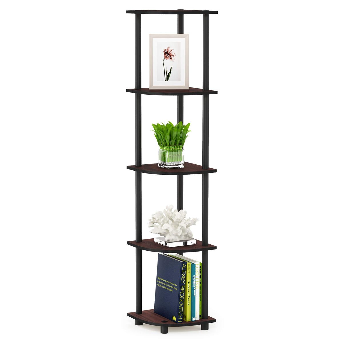 Furinno TURN-N-TUBE Corner Shelf, 5-Tier Corner Bookshelf, Open Storage Shelves, for Organization and Storage, Living Room, Home Office, Garage, Bedroom, Espresso