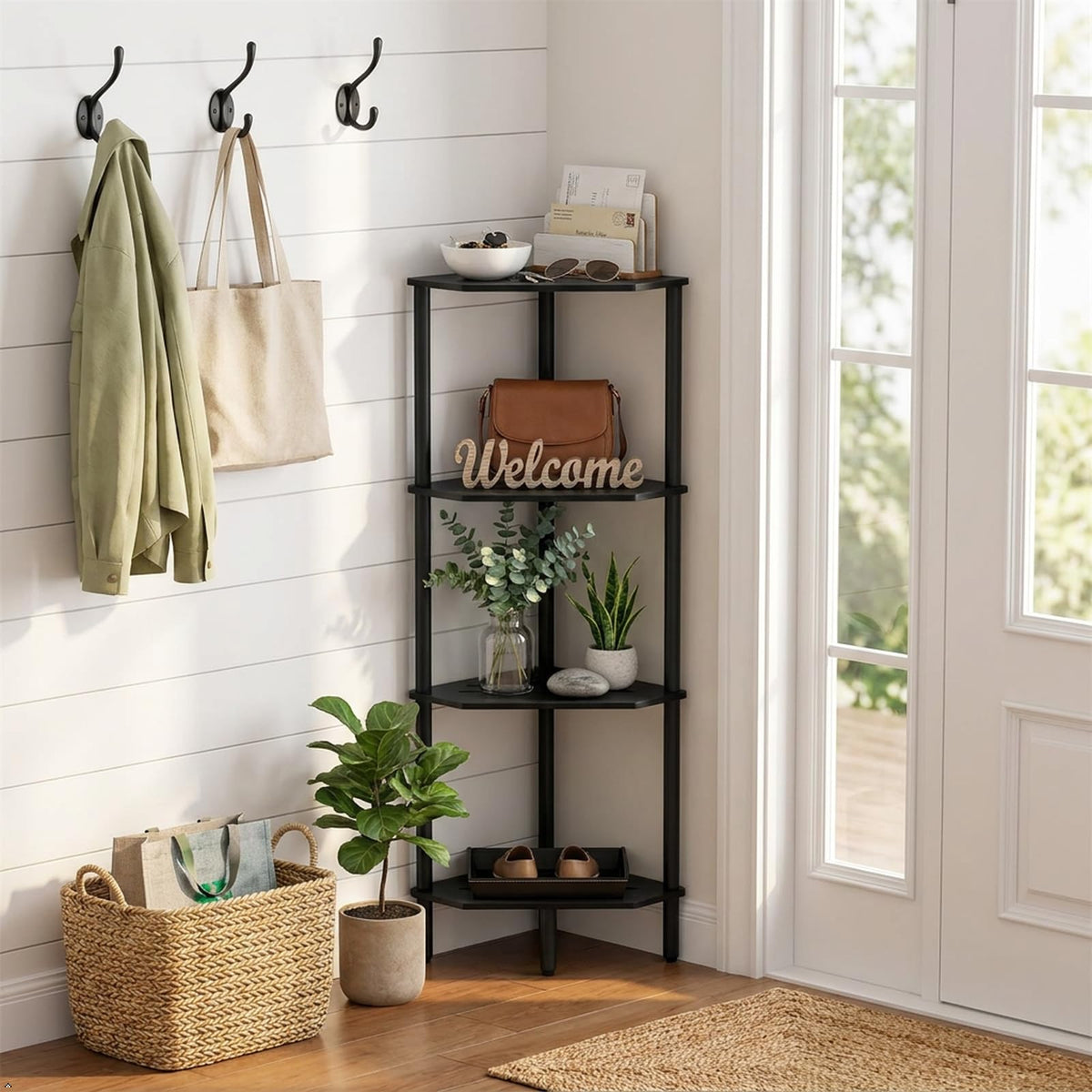3 Tier Bamboo Corner Shelf, Storage Stand with Adjustable Feet, Small Spaces Corner Bookshelf, Plant Stand, Space-Saving Organizer Shelves, Small Corner Table for Bathroom Kitchen Living Room