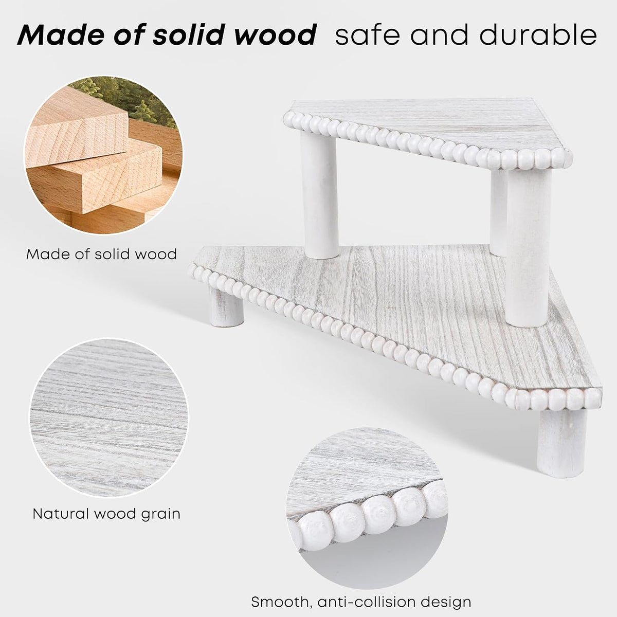 2-Tier Rustic Corner Shelf for Kitchen Counter,Wood Beaded Farmhouse Countertop Organizer with Removable Feet, Stackable Bathroom Vanity & Coffee Bar Decorative Riser Stand(Rustic White)