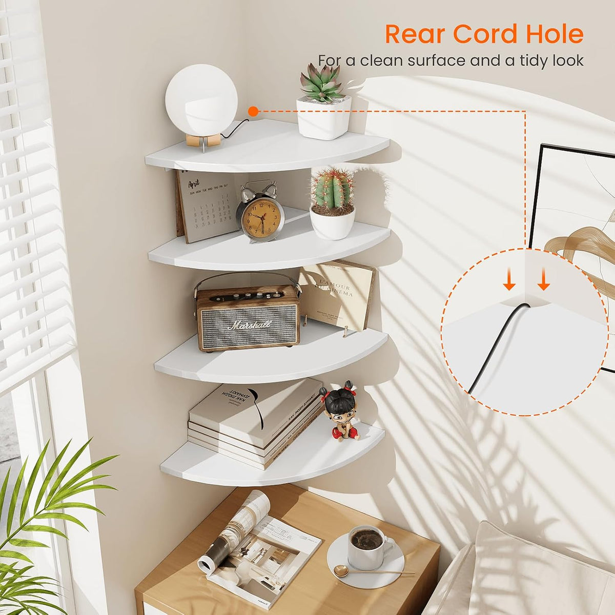 Homode Corner Floating Shelves, Set of 4 Round Corner Shelf Wall Mount with Cord Hole, 12 Inch Wood Curved Corner Hanging Shelf for Cable Box, Speaker, TV Cords, Books, Plants, White