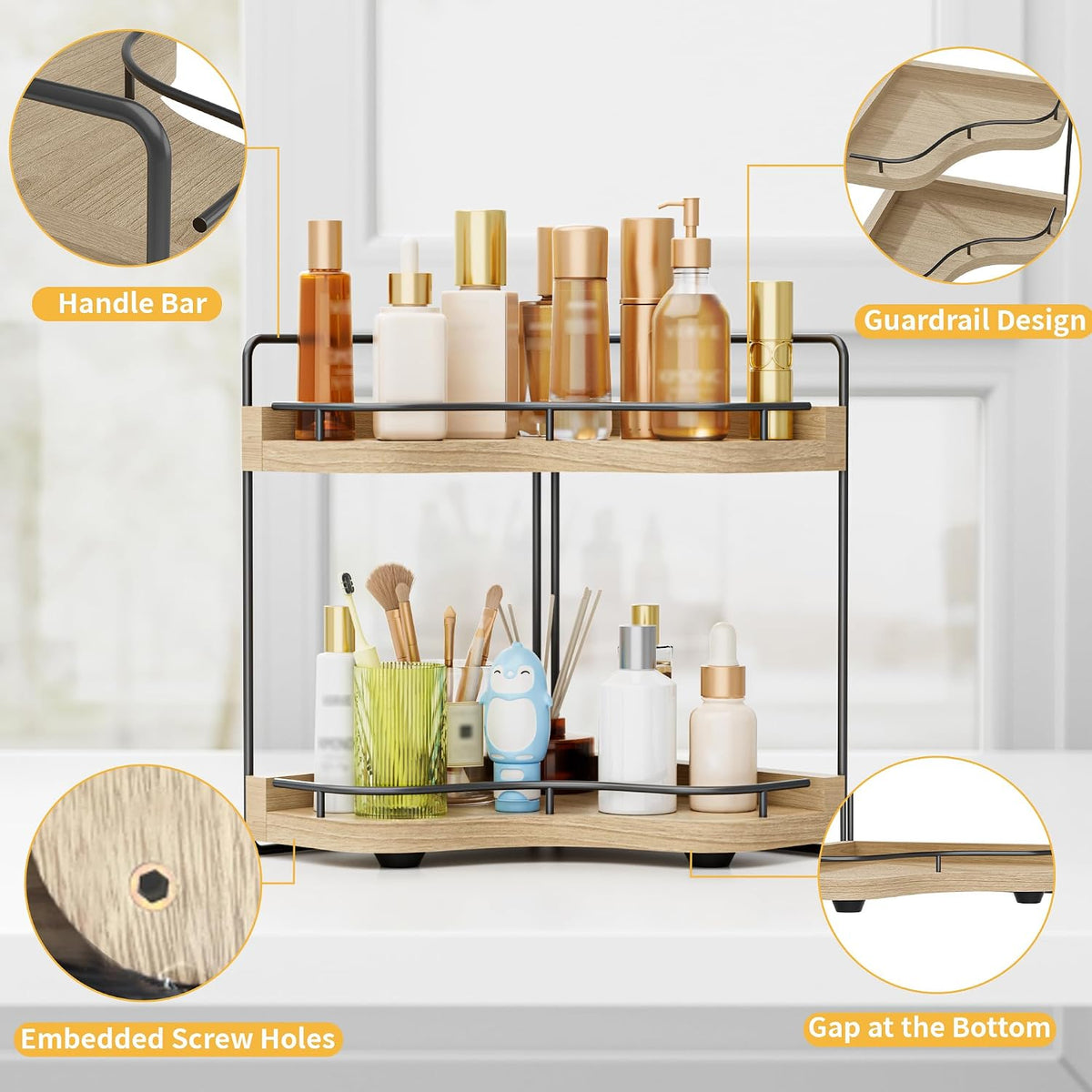 2-Tier Corner Bathroom Counter Organizer, Larger, Light Walnut