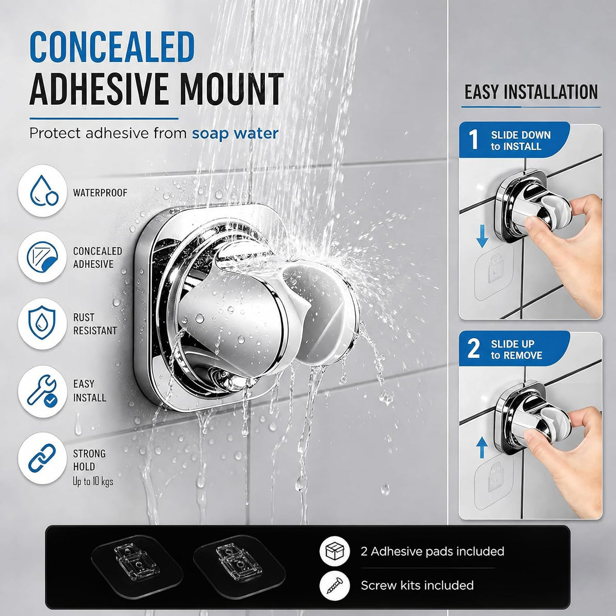 Handheld Shower Head Holder - 5 Angles Adjustable - Concealed Adhesive Mount with Screw Option - Wall Mount Shower Wand Holder