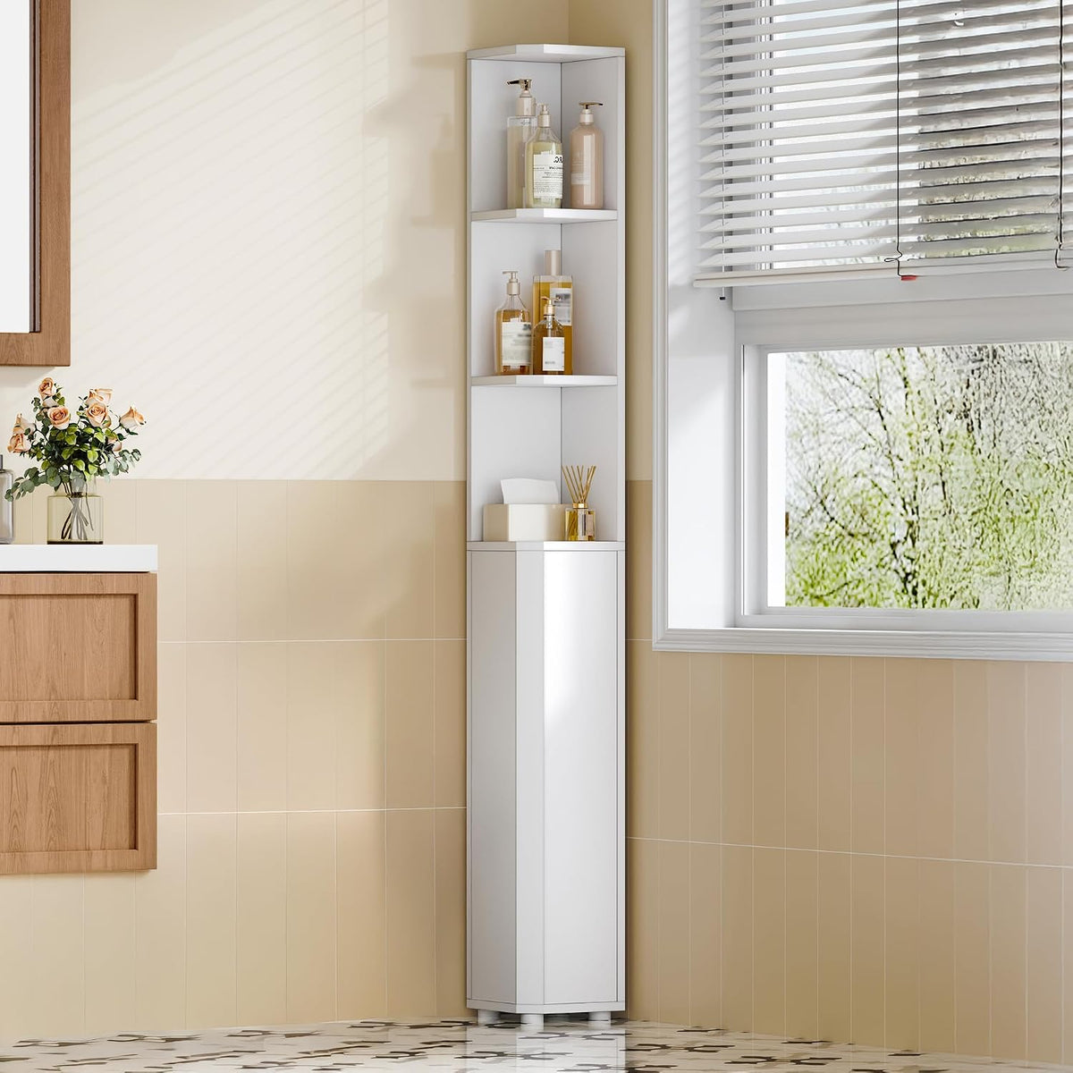 Hzuaneri Corner Cabinet, Tall Bathroom Corner Cabinet with Doors