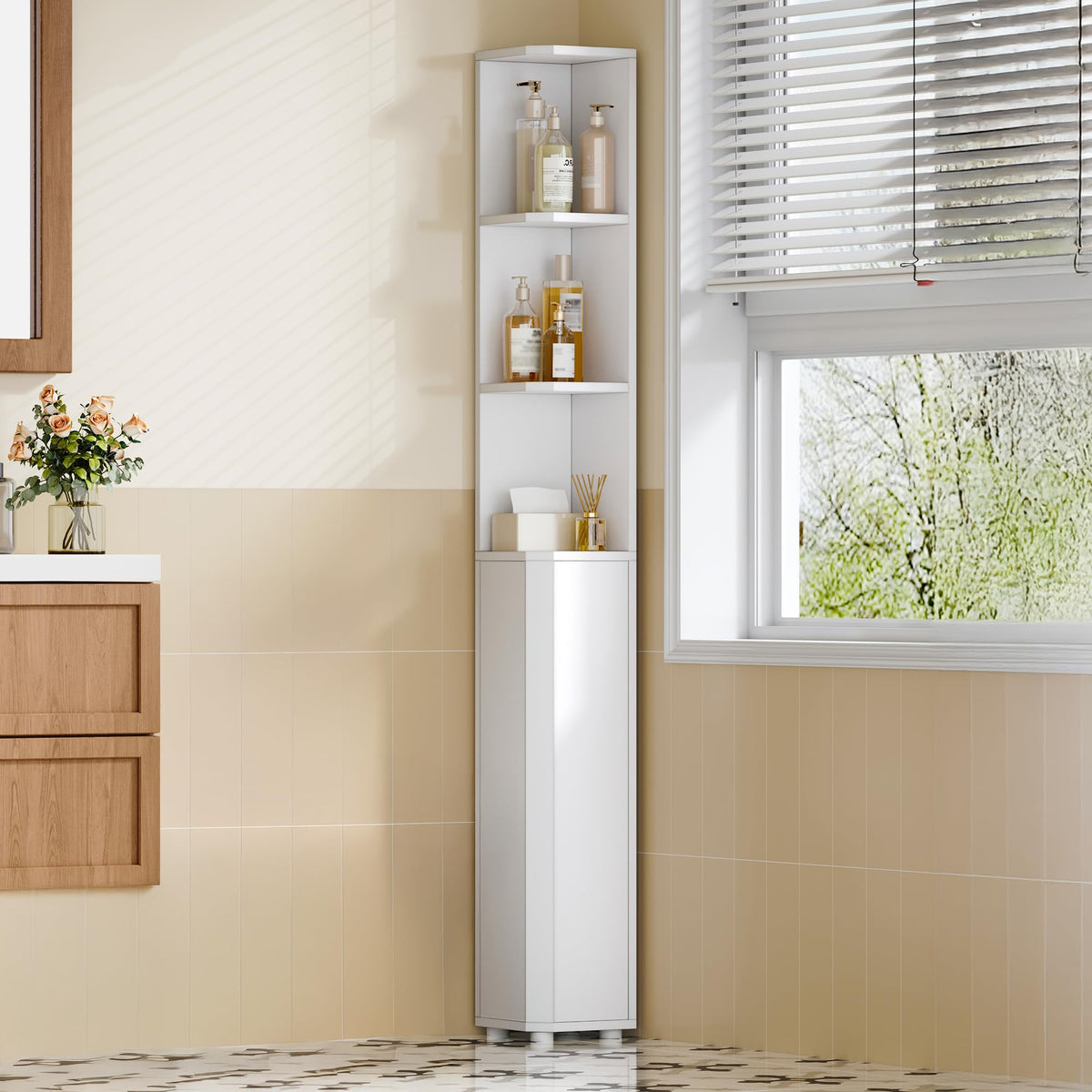 Hzuaneri Corner Cabinet, Tall Bathroom Corner Cabinet with Doors