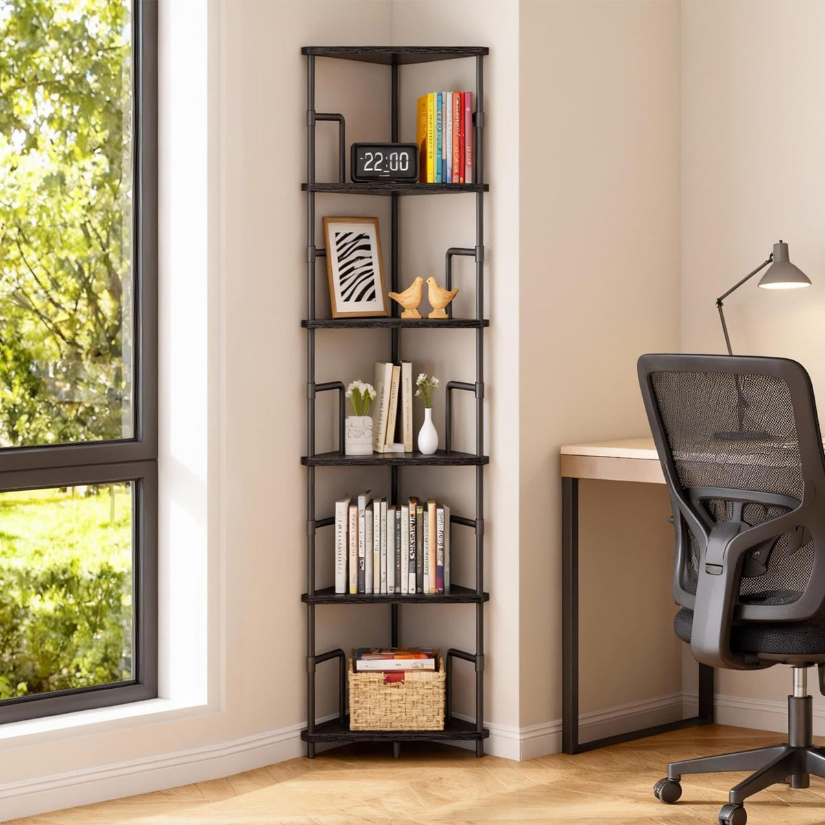 MAHANCRIS 6-Tier Corner Shelf, 65" Tall Corner Bookshelf with Metal Frame, Narrow Display Shelf Stand, Industrial Corner Bookcase for Living Room, Bedroom, Home Office, Rustic Brown CSHR6601