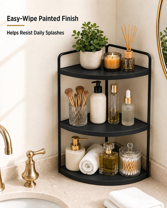 3-Tier Corner Bathroom Counter Organizer, Solid Pine Vanity Shelf, Black