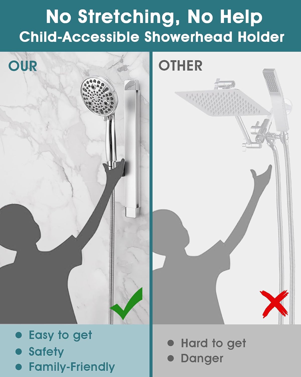 Height & Angle Adjustable Handheld Shower Head Holder, Metal Handheld Showerhead Holder, Hand Held Showerhead Holder Wall Mount, Strong Adhesive, No Drill, Suitable for Bathroom or RV, Chrome