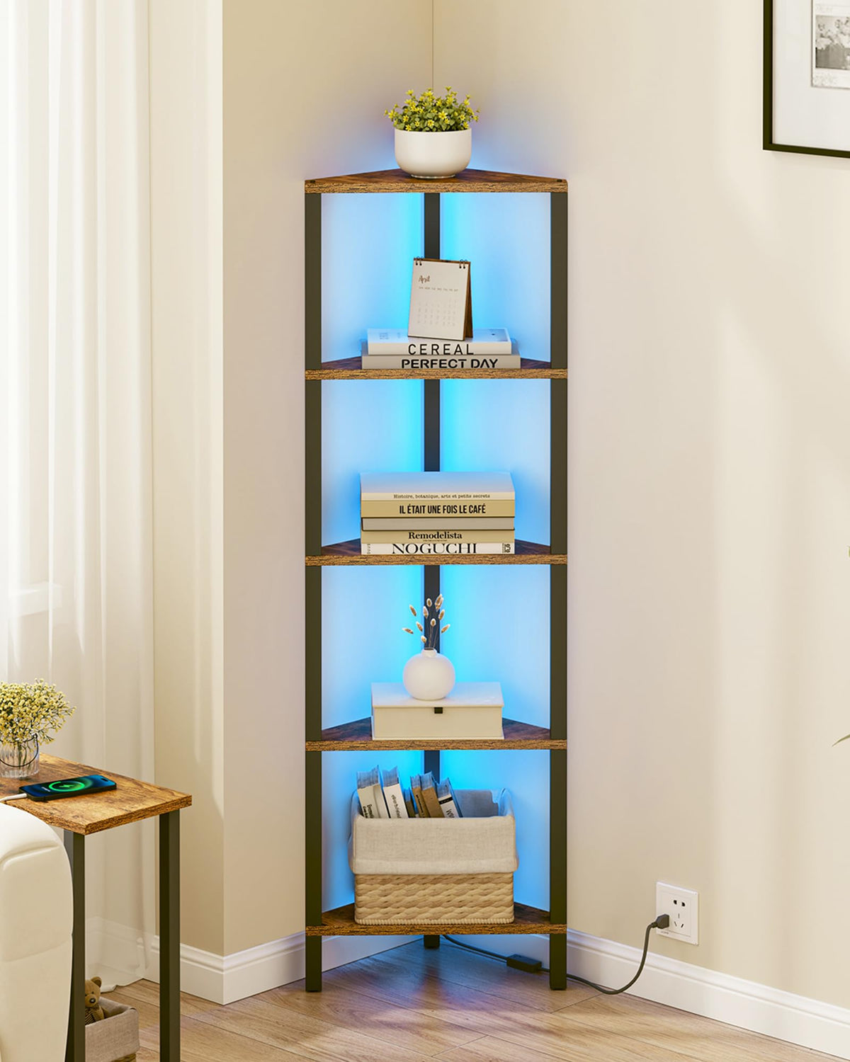 TUTOTAK Corner Shelf with LED Light, 6-Tier Corner Bookshelf