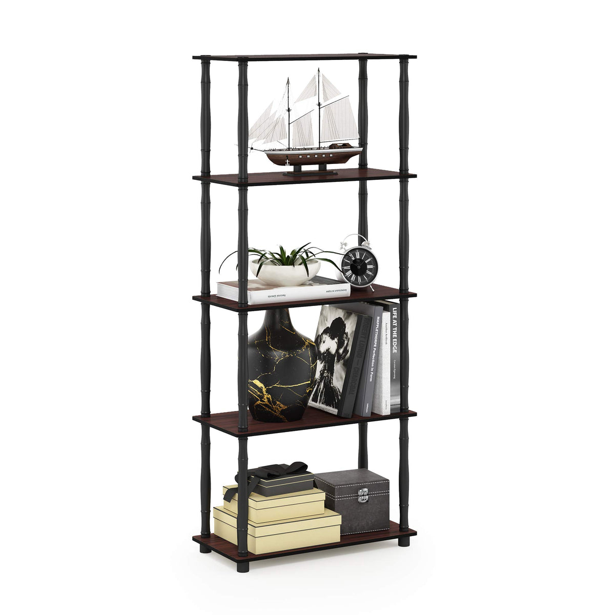 Furinno TURN-N-TUBE Corner Shelf, 5-Tier Corner Bookshelf, Open Storage Shelves, for Organization and Storage, Living Room, Home Office, Garage, Bedroom, Espresso