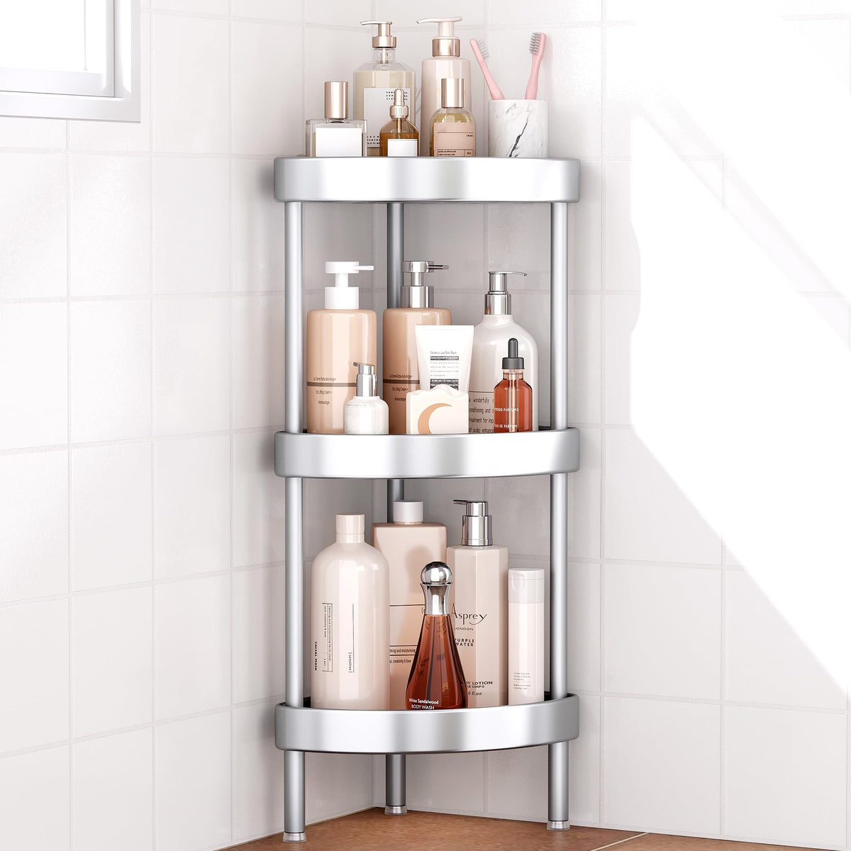 Nieifi 4 Tier Aluminum Corner Shower Caddy Standing Rustproof-Silver