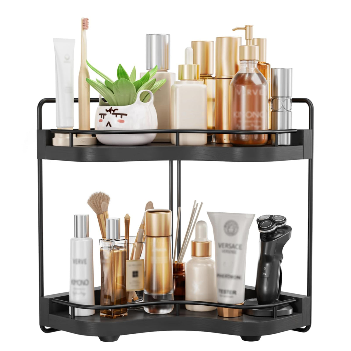 2-Tier Corner Bathroom Counter Organizer, Larger, Light Walnut