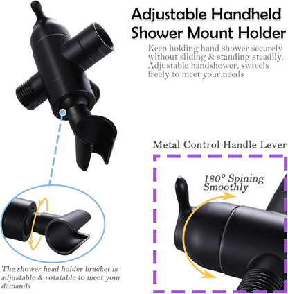 Shower Arm Diverter with Handshower Mount, G1/2 Brass 3 Way Shower Diverter Valve Bathroom Universal Shower System Replacement for Handheld Shower and Fixed Shower Head(Matte Black)