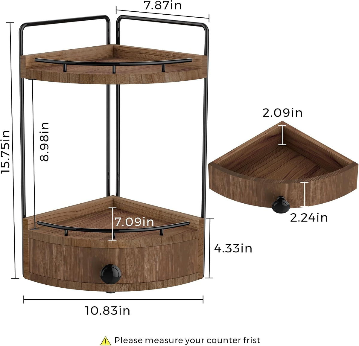 2-Tier Corner Bathroom Counter Organizer with Drawer, Dark Brown
