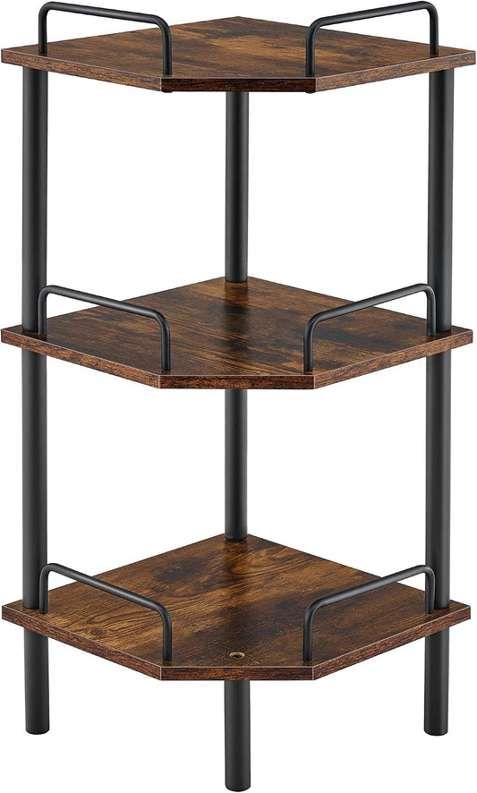 Tajsoon 3 Tier Corner Shelf Stand, Small Corner Table, Rustic Brown