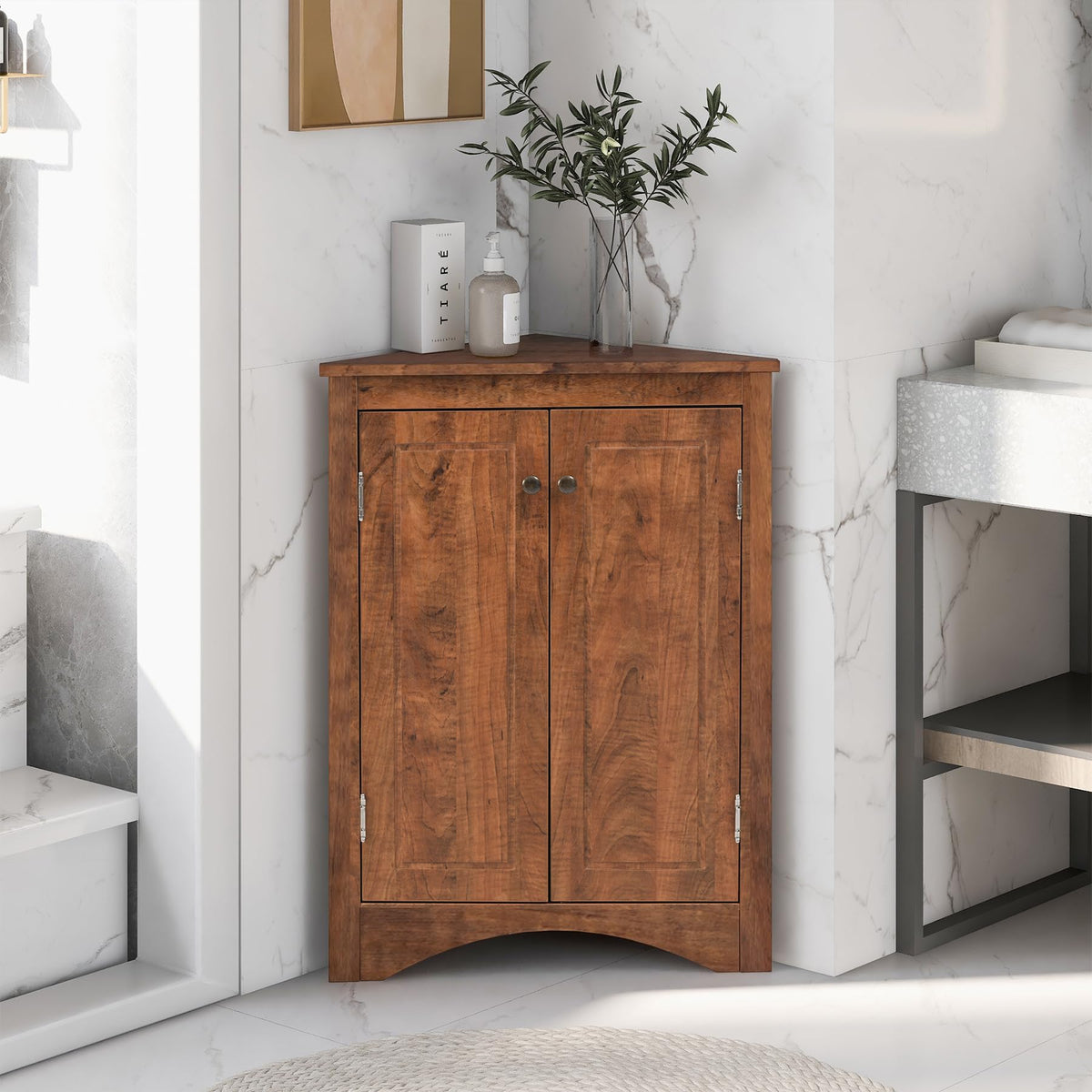 Corner Storage Cabinet with Adjustable Shelves, Triangle Bathroom & Kitchen Organizer, Freestanding Floor Cabinet for Toilet Kitchen Bathroom Cleaning Supplies (Oak)