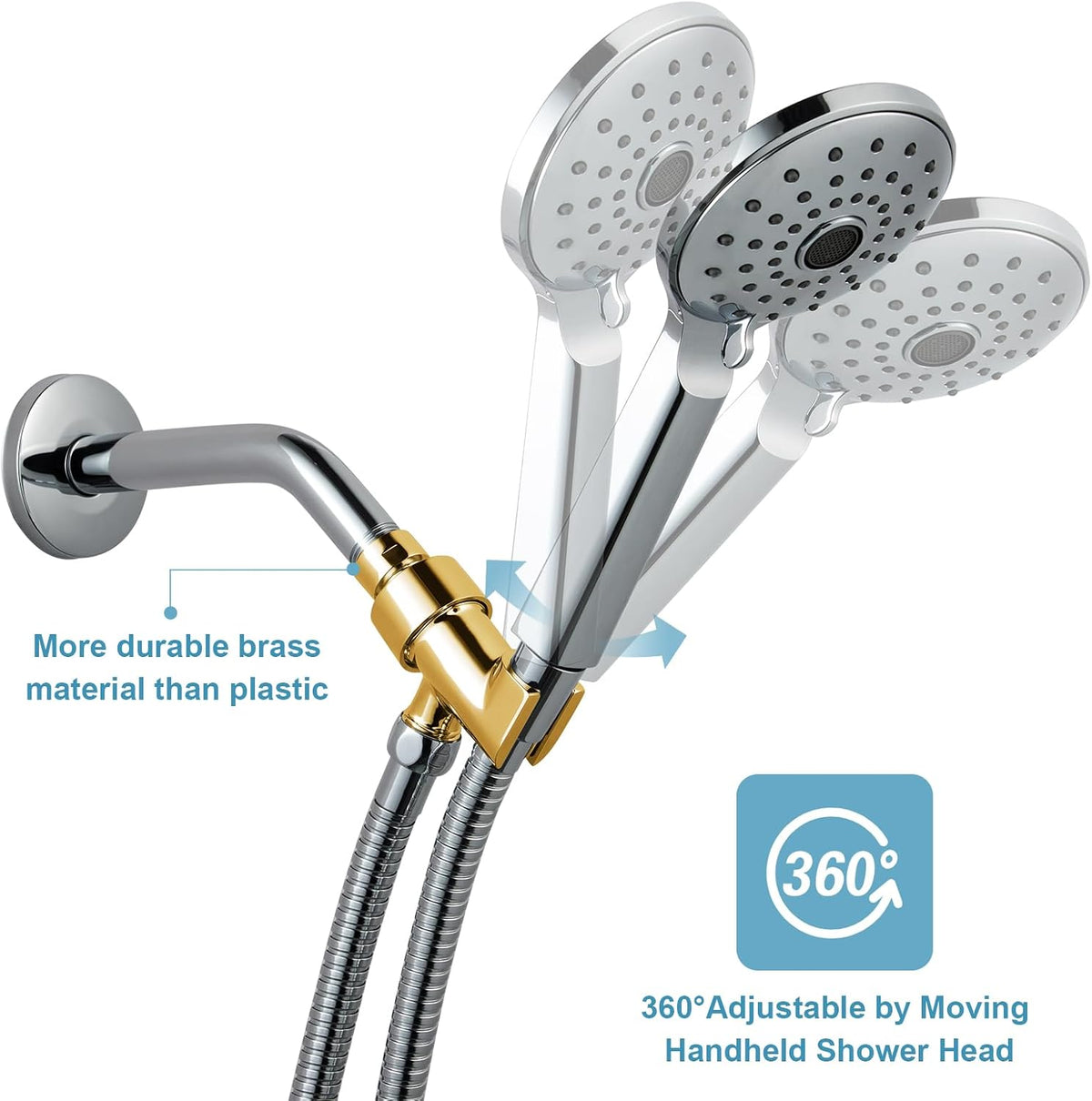 OFFO Shower Head Holder for Handheld Shower Head, Adjustable Shower Arm Mount for Connecting Shower Arm and Shower Hose, 1/2 Inch IPS Female Inlet and Male Outlet, Chrome Finish
