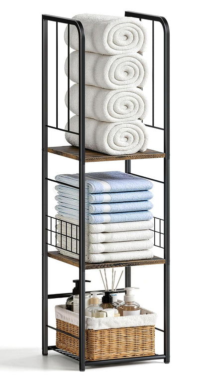 KIMBORA Narrow Towel Storage for Bathroom, 3-Tier Free Standing Bathroom Towel Rack Organizer with Shelf for Small Bath, Pool, Brown