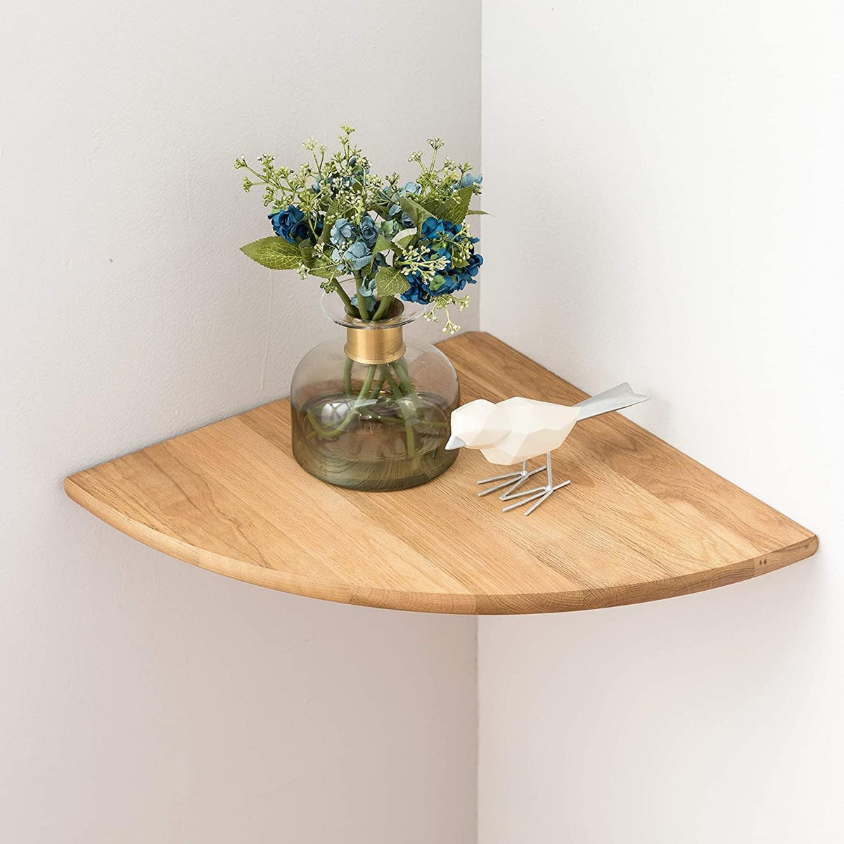 Corner Shelves, Floating Corner Shelf, Set of 2 7inch Solid Oak Wood Wall Shelves, Round End Wall Mount with Wire Hole Shelving for Small Plant for Bedroom Kitchen, Living Room