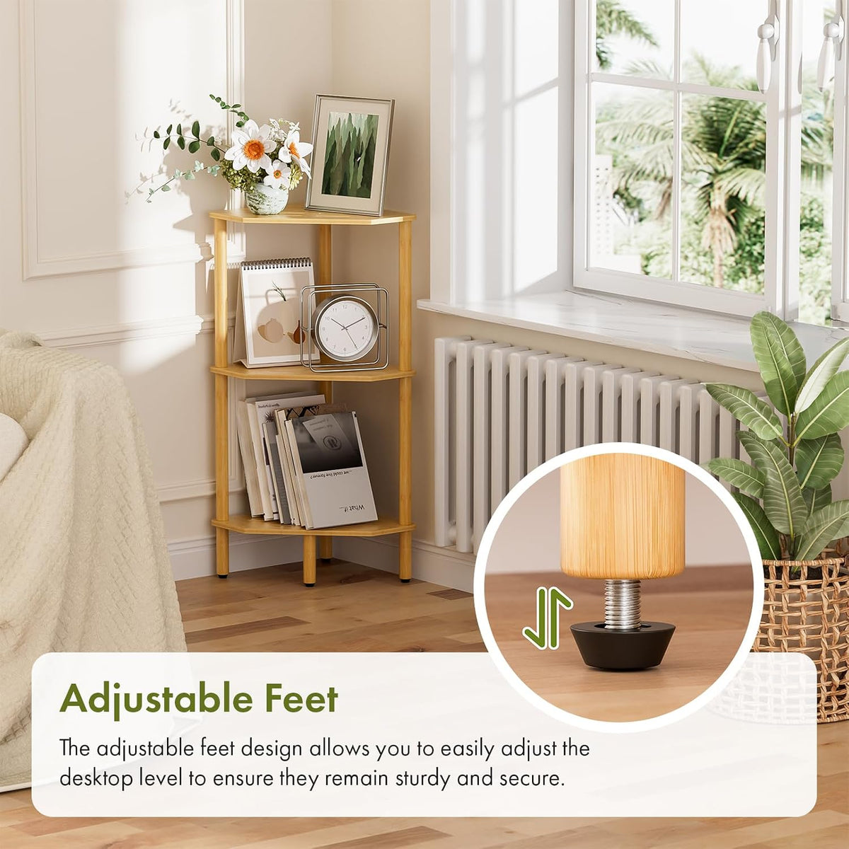 3 Tier Bamboo Corner Shelf, Storage Stand with Adjustable Feet, Small Spaces Corner Bookshelf, Plant Stand, Space-Saving Organizer Shelves, Small Corner Table for Bathroom Kitchen Living Room