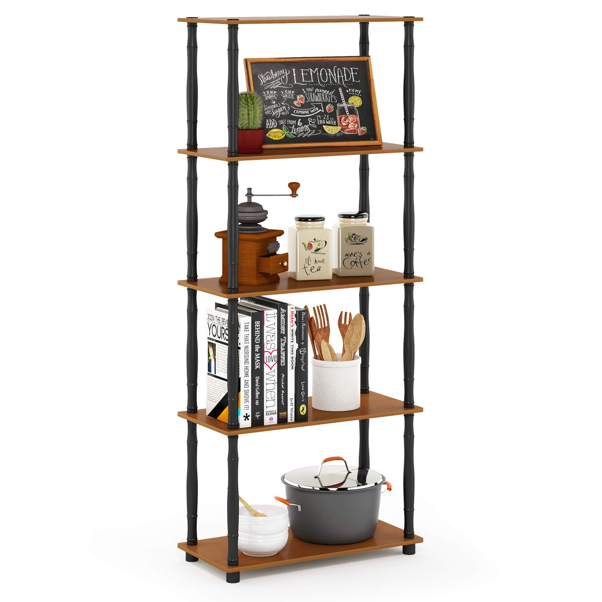 Furinno TURN-N-TUBE Corner Shelf, 5-Tier Corner Bookshelf, Open Storage Shelves, for Organization and Storage, Living Room, Home Office, Garage, Bedroom, Amber Pine