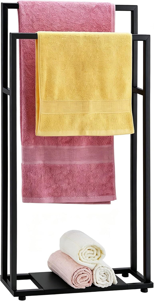 39-Inch Tall Towel Rack for Bathroom, 2-Tier Freestanding Towel Stand with Storage Shelf for Oversized Bath Towels, Poolside, Black, ALHAKIN